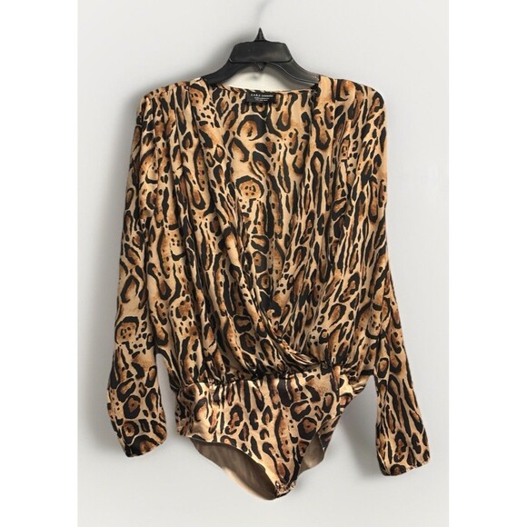 Zara Long Sleeve Bodysuit Animal Print Brown Tiger Satin Deep V Neck Sz M - Picture 2 of 10